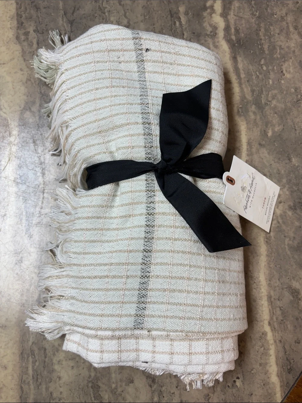 Hearth & Hand Cream, Gray and Tan Striped Fringed Throw